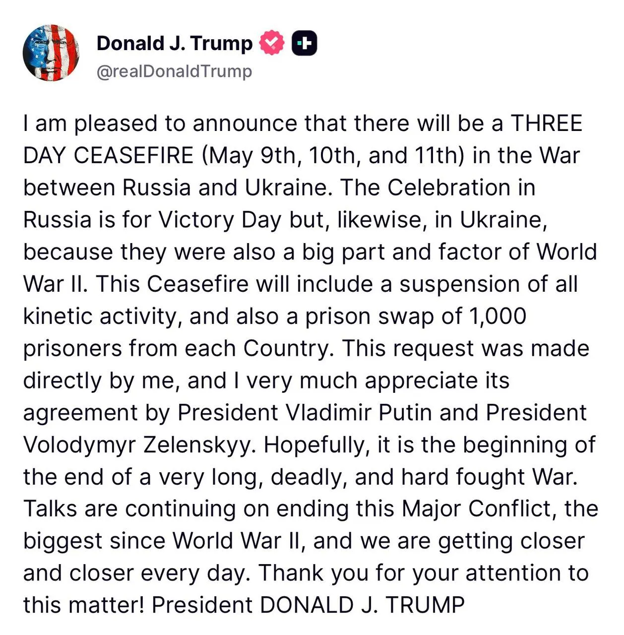 Дональд Трамп сообщил, что обратился к России и Украине с предложением обмена по тысяче человек с каждой стороны в период предполагаемого прекращения огня 9–11 мая.