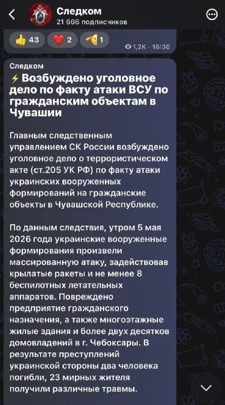 Следственный комитет возбудил уголовное дело о теракте после удара не менее восьми беспилотных летательных аппаратов по Чебоксарам. Число погибших совпадает с данными главы Чувашии, в списке пострадавших значатся 23 человека.