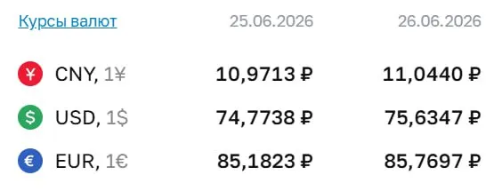 Официальный курс Центрального банка на 26 июня: доллар — 75,63 ₽, евро — 85,77 ₽, юань — 11,04 ₽. По курсу ЦБ проходят расчёты по ряду финансовых инструментов.