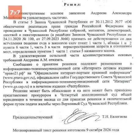 Суд Чувашии частично удовлетворил иск депутата к Госсовету и отменил часть запретов на митинги возле торговых центров, рынков и жилых домов.